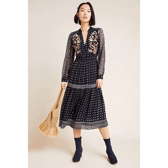Anthropologie Maeve Cassidy Embroidered Polka Dot Midi Dress Women's Size 10 - Picture 1 of 10